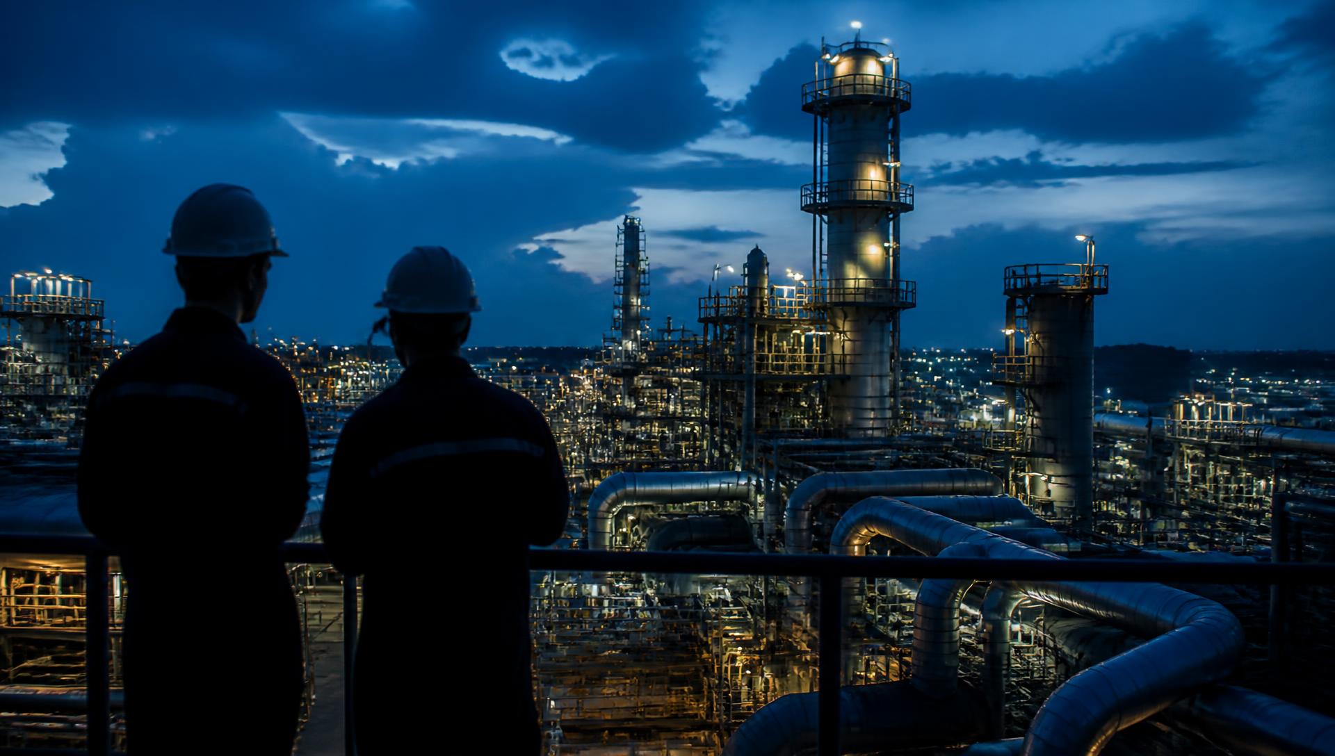 Oil and gas processing facility at blue hour with engineers overlooking the plant