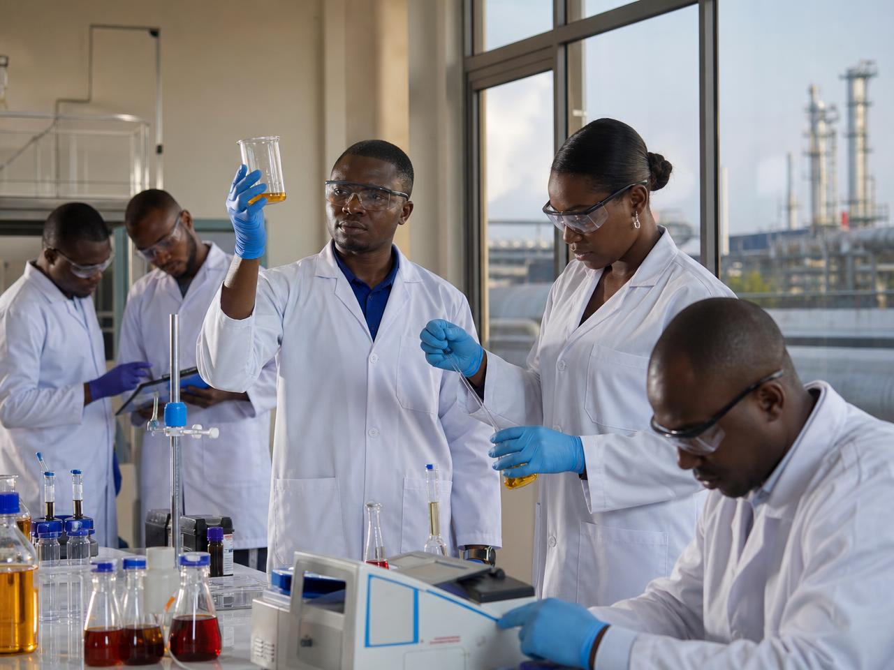 Laboratory technician evaluating oilfield production chemicals