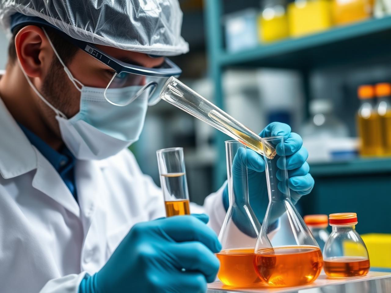 Laboratory technician evaluating oilfield production chemicals